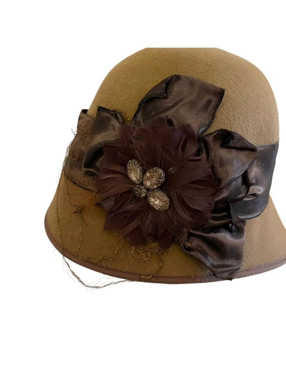 Louise Green Brown Wool Cloche Hat Satin Ribbon Feather Rhinestone Flower Accent